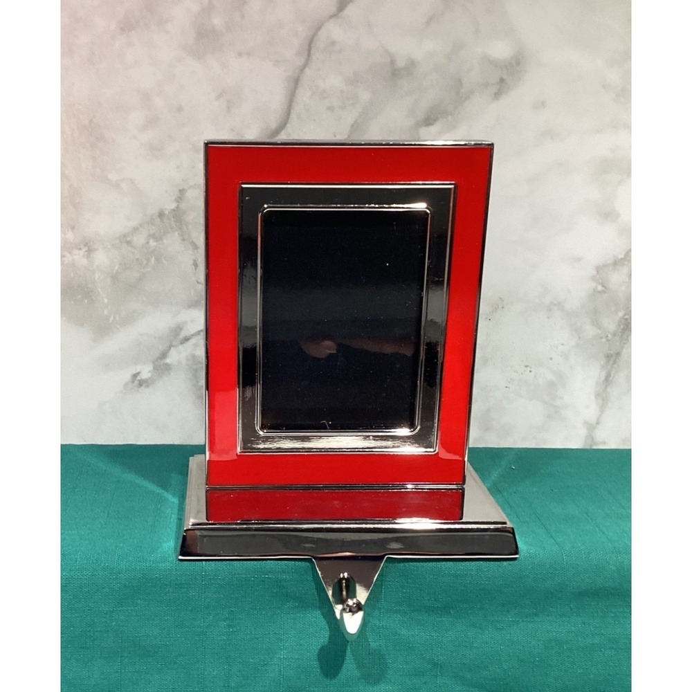 Pottery Barn Red Grosgrain Picture Photo Frame Stocking Holders Silver Nickel